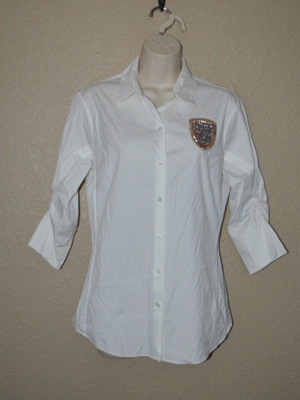 Sz 6/8 Christian Dior White Beaded Pocket Patch 3/4 Ruched Sleeve Blouse